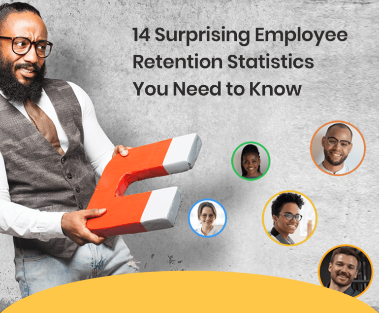 Image shows a man pulling a group of people using magnets. The blog title "14 Surprising Employee Retention Statistics You Need to Know" is written in bold letters in the upper right corner of the image